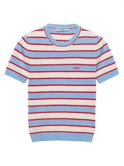 Полосатый пуловер Prada из 100% хлопка с вышитым логотипом и короткими рукавами 11167520
