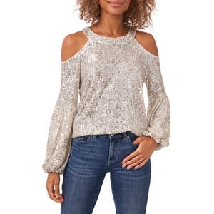 Лонгслив CeCe с пайетками и открытыми плечами, 95% полиэстер, 5% спандекс 10047690