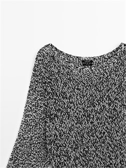 Вязаный хлопковый свитер Massimo Dutti с круглым вырезом, объёмными рукавами и двуцветным принтом 11202031