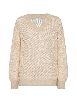 Декоративный сетчатый свитер с V-образным вырезом из мохера, хлопка и шерсти от Brunello Cucinelli, Италия 11167851