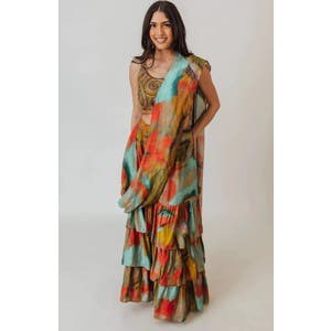 RAAS Платье Сари Kahlo с воланами, абстрактными узорами, вышивкой и завязками на спине, готовое к носке 10048857