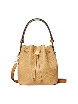 Tory Burch Кожаная сумка-бакет с монограммой, съемным плечевым ремнем и завязкой, размеры 21.5х18х11.5 см 11166920