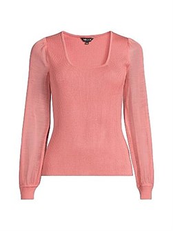 Топ Misook с прозрачными рукавами и квадратным вырезом из рельефного трикотажа, 90% акрил, 10% полиэстер 11166786