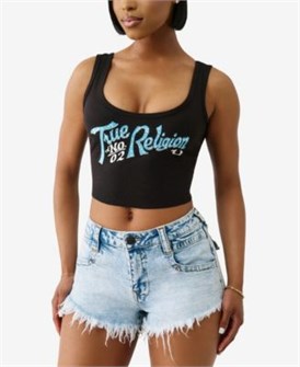 Короткий молодёжный топ из рибаны True Religion с глубоким вырезом и кристаллами 11221867