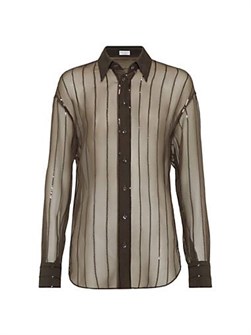 Хрустящая шелковая рубашка Brunello Cucinelli с вышивкой и пуговицами из перламутра 11167883