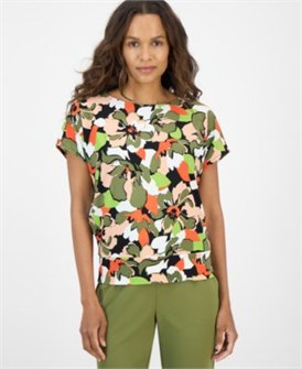 Топ с короткими рукавами и широкой резинкой на бедрах от AK Anne Klein с цветочным принтом, 95% полиэстер 11233357