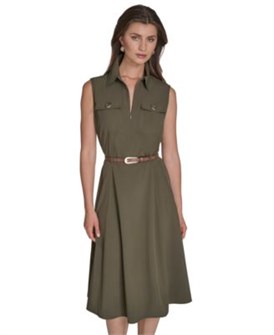 летнее платье без рукавов с поясом Halston, классический воротник, фуксия, расклёшенный подол 11231462