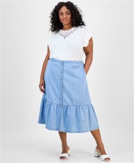 Jones New York Юбка миди больших размеров из тёмно-синего хлопкового денима с разрезом и боковыми карманами 11175422