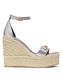 Эспадрильи из металлизированной кожи Versace на высоком каблуке 120 мм с открытым носком 11023512