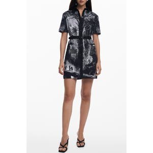 Desigual Мини-сорочка с поясом и эффектным литографическим принтом, 97% хлопка 10049553