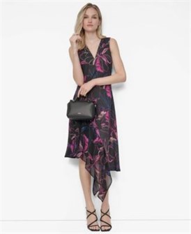 Яркое женское асимметричное миди-платье без рукавов с V-образным вырезом и рюшами от DKNY 11239322