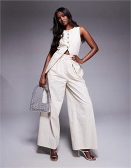 Кремовые широкие льняные брюки с камнями ASOS LUXE, высокая талия, функциональные карманы 11222580