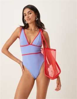 Слитный купальник Tala с глубоким вырезом и контрастной отделкой в синем цвете, бразильский крой 11234182