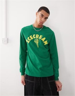 Зеленый лонгслив ICECREAM с принтом мороженого, круглым вырезом, регулярного фасона 11170455