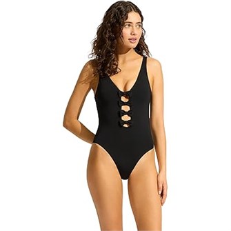 Слитный купальник с бантом Seafolly Beau Bow из переработанного нейлона, с высокими вырезами 11227089