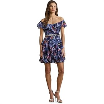 Коктейльное платье с принтом LAUREN Ralph Lauren, с открытыми плечами и рюшами из 100% переработанного полиэстера 11171062