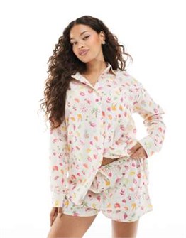 Рубашка Miss Selfridge Petite с фруктовым принтом, длинными рукавами и отложным воротником, оверсайз 11232704