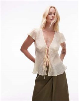 Молодежный топ Topshop с передней завязкой в масляном цвете, с V-образным вырезом и рюшами 11214606