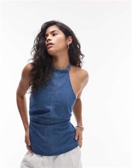 Джинсовый топ-пеплум Topshop с вырезом-халтер и боковыми рюшами, комфортная посадка 11168383