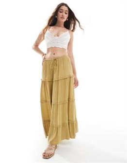 Ярусная макси-юбка Miss Selfridge светло-оливкового цвета с средней посадкой и шнурком на талии 11171033