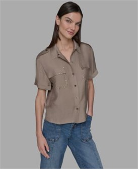 Блузка с коротким рукавом, эполетами и заклепками для женщин от Karl Lagerfeld Paris, XS-P/XL 11226353