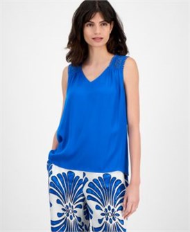 Женский топ без рукавов с V-образным вырезом и кружевными вставками на плечах от T Tahari 11231536