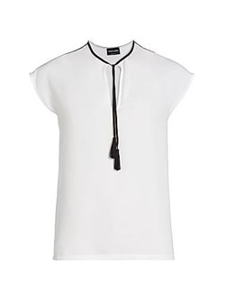 Шелковая блузка из джорджетта с кисточками от Giorgio Armani, без рукавов, с ключевым вырезом и завязками 11168331