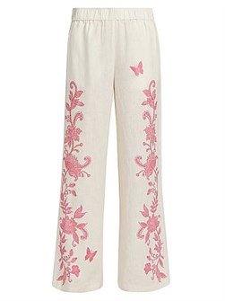 Льняные брюки от Johnny Was с цветочным принтом, эластичным поясом и боковыми карманами 11166843