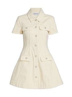 Self-Portrait Короткое хлопковое джинсовое платье Fit &amp, Flare с расклешенной юбкой, короткими рукавами и кристальными пуговицами 11166561