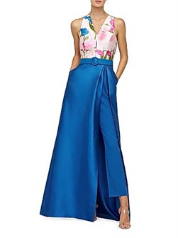 Kay Unger Жаккардовый комбинезон Rhyan Walk-Thru с V-образным вырезом и съемным поясом 11167423