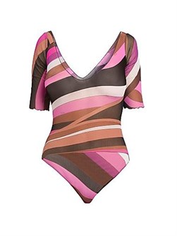 Боди с V-образным вырезом Parade от Pucci из тюля с короткими рукавами и отделкой «латук», Италия 11015370