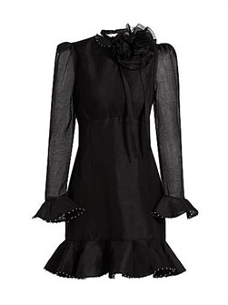 Мини-платье Crush из шелка и льна с цветочной аппликацией, длинными рукавами и рюшами от Zimmermann 11021659