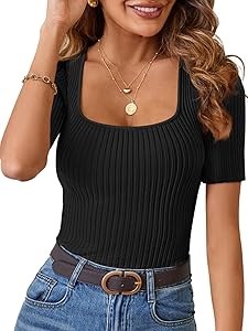 Футболка MEROKEETY из ребристого трикотажа с коротким рукавом и квадратным вырезом, 50% вискоза, 2025 11242267