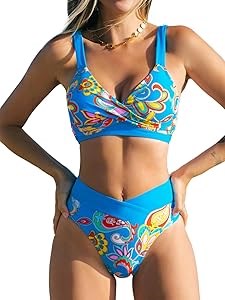 Женский купальник CUPSHE из двух частей с высоким поясом, перекрещенным V-образным вырезом и регулируемыми бретелями 11290597