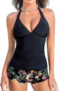 Купальник CUPSHE: стильное танкіні с высоким поясом, завязками на шее и регулируемыми бретелями, шорты 11254652