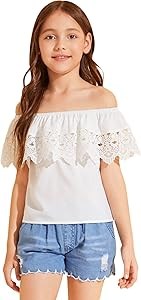 Девчачья блуза Milumia с открытыми плечами, контрастным кружевом и рюшами, короткими рукавами 11281883