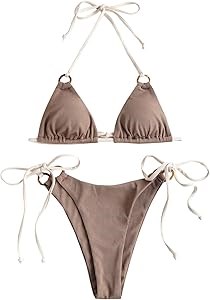 Женский купальник Zaful с треугольным верхом, ребристой тканью, завязками и танга-нижней частью 11309939