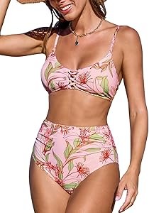 Купальник CUPSHE из двух частей с высоким поясом, V-образным вырезом, регулируемыми бретелями и рюшами, размеры XS-XL 11281939