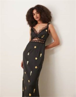 Платье-слип Mimi Never Fully Dressed с черно-золотым принтом, V-образным вырезом и регулируемыми бретелями 11024814