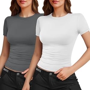 Yogingo Женские базовые облегающие топы Y2K с короткими рукавами из хлопковой ткани, весна-осень 2024, 90% полиэстер, 10% эластан 11268004