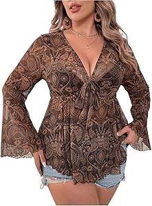Блуза для полных женщин от Gorglitter с рукавами из сетки, завязкой спереди и принтом в стиле пейсли 70-х годов 11278281