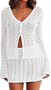 Женский комплект крючкового вязания от Fisoew: кардиган с V-образным вырезом и мини-юбка в пляжном стиле 11299188