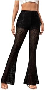 Широкие брюки Verdusa из прозрачного цветного кружева с высокой талией и волнистым краем, отлично сидят 11281589