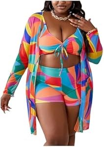Купальник SweatyRocks большого размера с высокой талией, 3 предмета, яркий бикини с накидкой 11252174