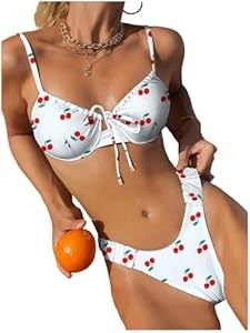 Женский раздельный купальник с вишнёвым принтом Verdusa: высокие вырезы на бёдрах и завязка спереди 11290128