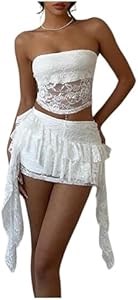 Floerns Эффектный двухпредметный комплект с цветочным кружевом: рюшевый топ и многослойная мини-юбка для женщин 11308519