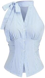 Летняя женская рубашка без рукавов Floerns с рюшами и полосатым принтом, элегантный топ 11273145