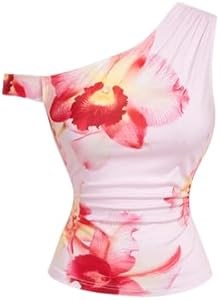 Женская футболка Milumia с асимметричным вырезом, цветочным принтом и свободным кроем для отпуска 11273077