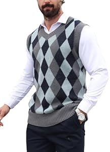 Мужской тёплый осенний трикотажный жилет Soly Hux в клетку с V-образным вырезом 11289948