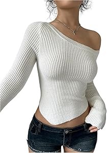 Лонгслив с открытыми плечами и асимметричным подолом Milumia, вязаный укороченный топ для женщин 11282708